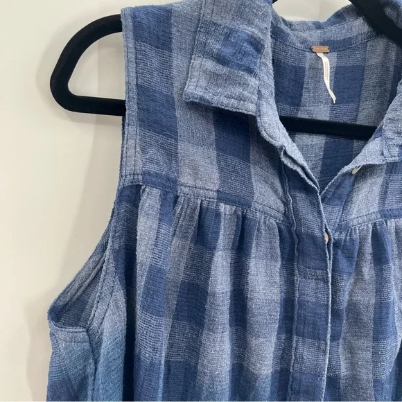 Free People Hey There Sunrise Button Down Gingham Sleeveless Shirt Blue M - Picture 12 of 15